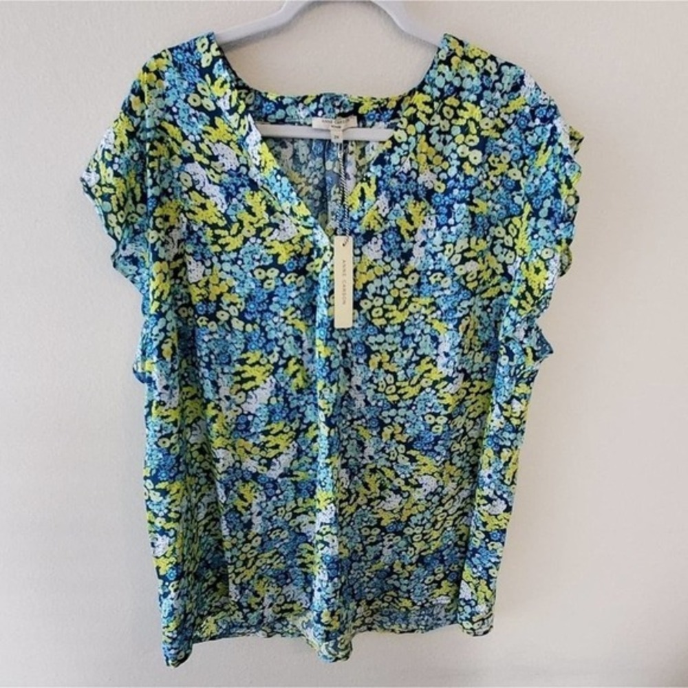 Anne Carson Green Blue FLORAL flutter sleeve peasant‎ boho blouse plus 2X